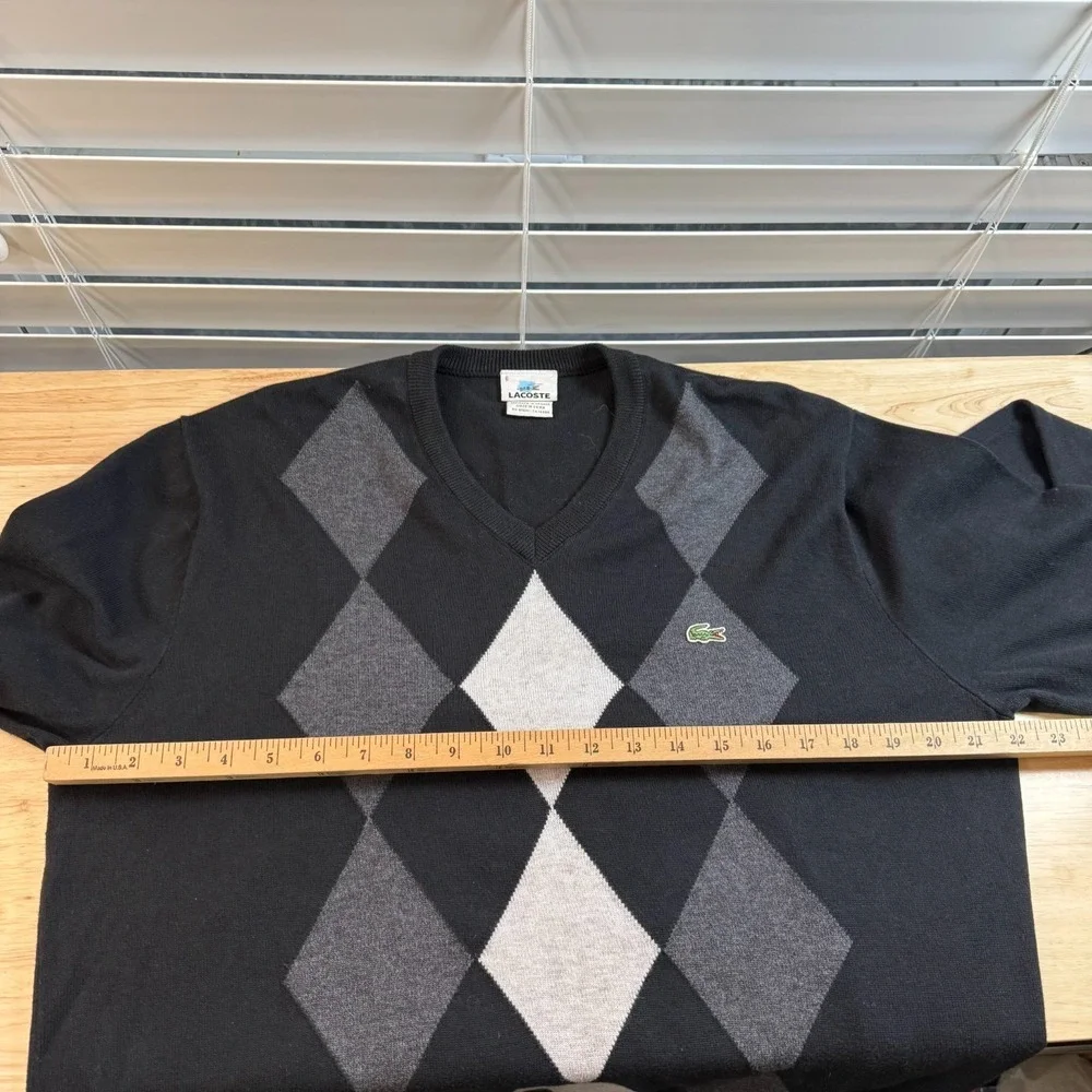 Lacoste Pullover Sweater Men's Black Gray Argyle Diamond V-Neck Long Sleeve - XL